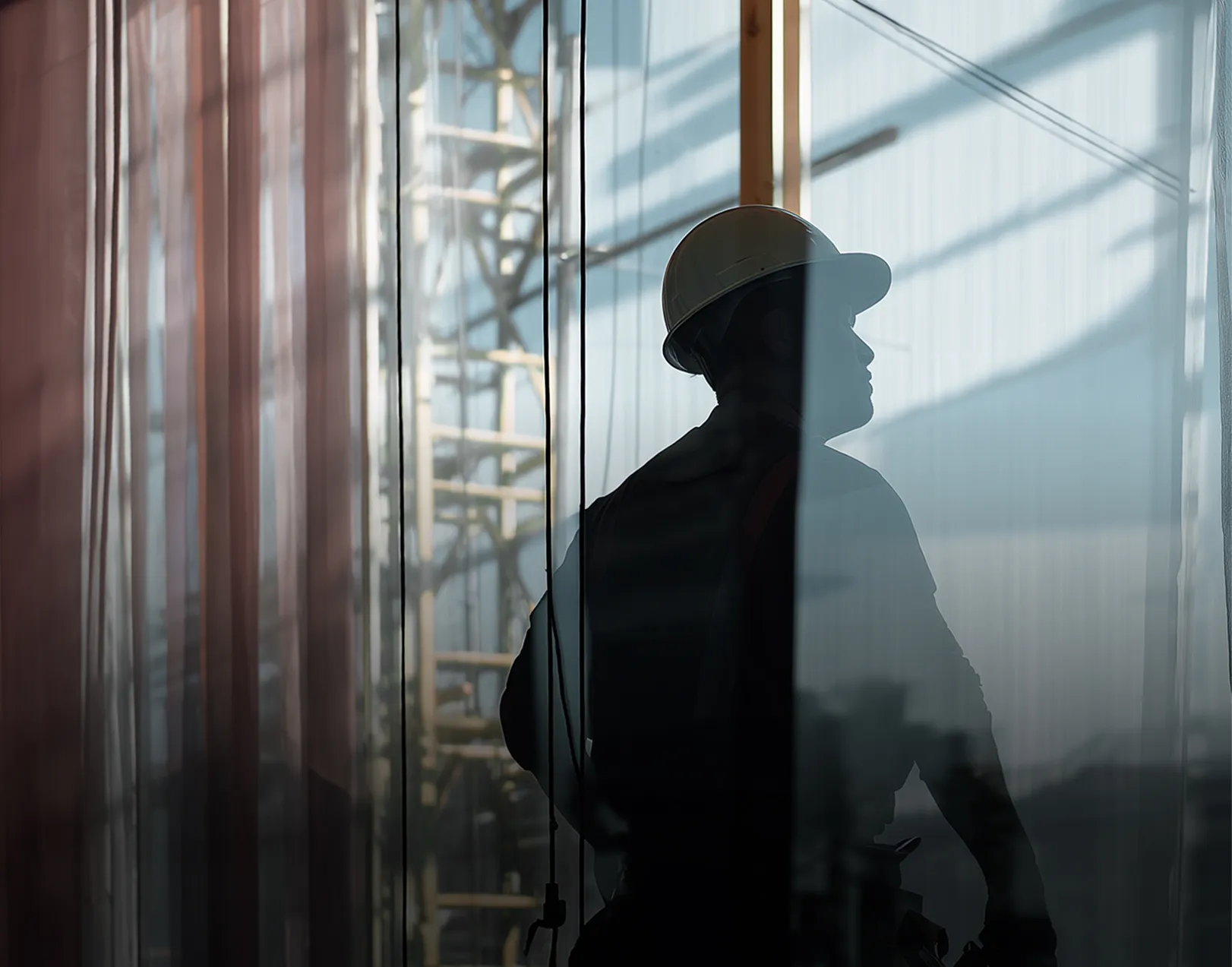 Sagoma di un operaio con casco da cantiere vista attraverso un vetro trasparente con riflessi di struttura metallica sullo sfondo.