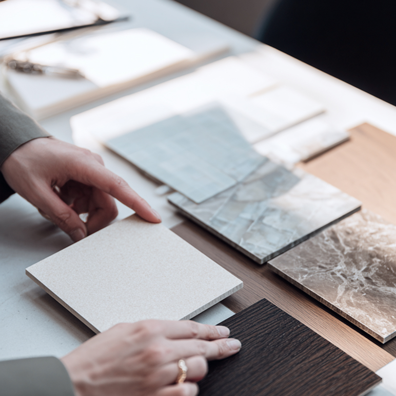 Mani che toccano campioni di piastrelle di vari materiali e colori su un tavolo.