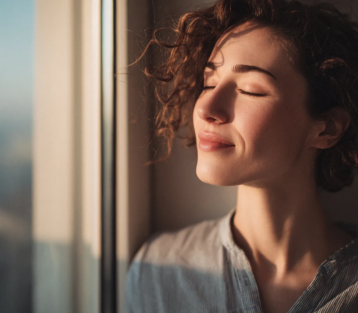 Donna con capelli ricci chiusi gli occhi sorride serenamente vicino a una finestra con luce solare.